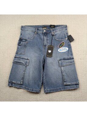 Y2K Von Dutch Originals Cargo Baggy Shorts Patch Denim Jeans Skater Sz 28/7 NWT